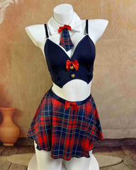 Sexy Student Uniform Lingerie Set with Plaid Tie & A-Line Skirt