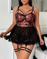 Plus Size Seductive Mesh Babydoll Lingerie Set with Butterfly Embroidery