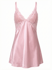 Elegant V-Neck Satin Nightdress with Lace Trim