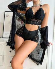 Sexy French-Style Sheer Lace Lingerie Set – Camisole, Shorts & Robe