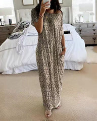 Casual Printed Maxi Dress with Short Sleeves, Crew Neck & Pockets