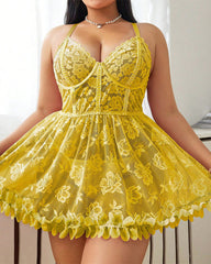 Plus Size Sexy Lace Mesh Sheer Babydoll Set with Panty