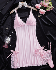 V-Neck Side Slits Lace Nightgown with G-String