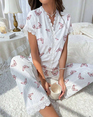 Women’s Cherry Print Loungewear Set with Lace Trim