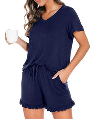Women’s Casual Short Sleeve Pajama Set with Drawstring Shorts