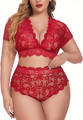 Sexy Plus Size Deep V Bra & Panty Set with Floral Lace