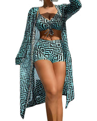Women’s 3-Piece Swimsuit Set – Gathered Bikini Top, High-Waist Bottom & Beach Cover-Up