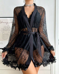 Sexy French-Style Sheer Lace Lingerie Set – Camisole, Shorts & Robe