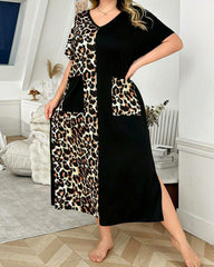 Plus Size Leopard Print V-Neck Short Sleeve Maxi Dress