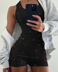 Heart Print 2-Piece Pajama Set – U-Neck Tank & Stretch Shorts