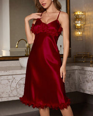 Sexy Satin Lace Trim Long Slip Nightgown with Open Back