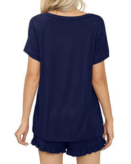 Women’s Casual Short Sleeve Pajama Set with Drawstring Shorts