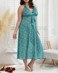 Plus Size Polka Dot Maxi Dress with Bow Tie