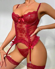 Sexy Floral Lace Lingerie Set – Sheer Deep V Bodysuit