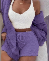 Women’s 3-Piece Sherpa Fleece Loungewear Set – Long Sleeve Top, Shorts & Pants