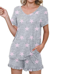 Women’s Casual Short Sleeve Pajama Set with Drawstring Shorts