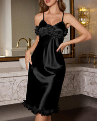 Sexy Satin Lace Trim Long Slip Nightgown with Open Back