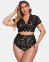 Sexy Plus Size Deep V Bra & Panty Set with Floral Lace