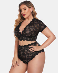 Sexy Plus Size Deep V Bra & Panty Set with Floral Lace