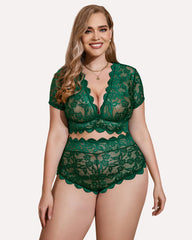 Sexy Plus Size Deep V Bra & Panty Set with Floral Lace
