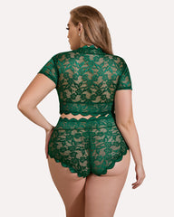 Sexy Plus Size Deep V Bra & Panty Set with Floral Lace
