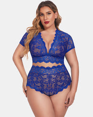 Sexy Plus Size Deep V Bra & Panty Set with Floral Lace