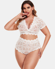 Sexy Plus Size Deep V Bra & Panty Set with Floral Lace