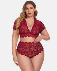 Sexy Plus Size Deep V Bra & Panty Set with Floral Lace