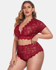 Sexy Plus Size Deep V Bra & Panty Set with Floral Lace