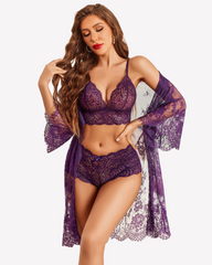 Women’s 3-Piece Sexy Lace Lingerie Set with Robe – Bra & Panty Nightwear