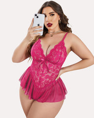 Plus Size V Neck Lace Bodysuit – One-Piece Teddy Babydoll Mesh Nighty