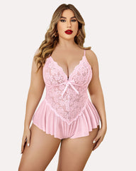 Plus Size V Neck Lace Bodysuit – One-Piece Teddy Babydoll Mesh Nighty