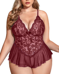 Plus Size V Neck Lace Bodysuit – One-Piece Teddy Babydoll Mesh Nighty