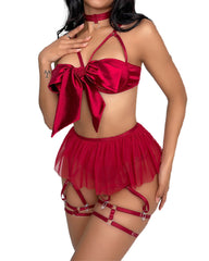 Women's 6pcs Sexy Silk Bow Front Push Up Bra Lingerie Set