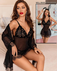 Sexy 3-Piece Lingerie Set for Women – Mesh Kimono Robe & Lace Babydoll Dress