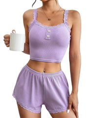 Sexy Lace Trim Ribbed Cami Shorts Pajama Set for Women