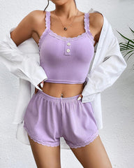 Sexy Lace Trim Ribbed Cami Shorts Pajama Set for Women