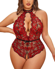 Plus Size Lace Teddy – Halter Crotchless Bodysuit for Curves