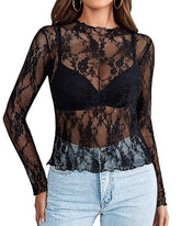 Women’s Sheer Mesh Top – Long Sleeve Floral Lace Blouse with Mock Neck