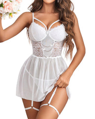 Lingerie for Women Embroidery Lace Babydoll Sexy Mesh Sleepwear V Neck Chemise with Garter