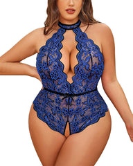 Plus Size Lace Teddy – Halter Crotchless Bodysuit for Curves