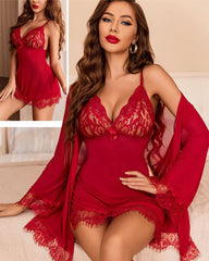 Sexy 3-Piece Lingerie Set for Women – Mesh Kimono Robe & Lace Babydoll Dress