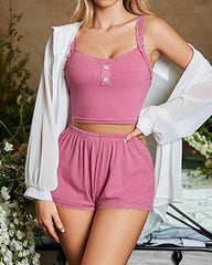 Women Pajamas Lace Trim Lingerie Sleepwear Set Ribbed Cami Shorts Pjs Button Loungewear Sets