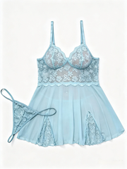 Sexy Plus Size Lace & Mesh Slit Slip Dress with G-String