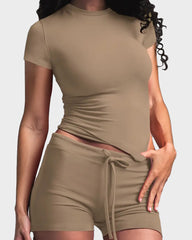 Solid Color Round Neck Casual Two-Piece Set