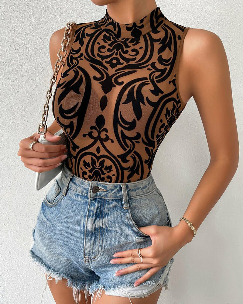 rinted Stand Collar Bodysuit