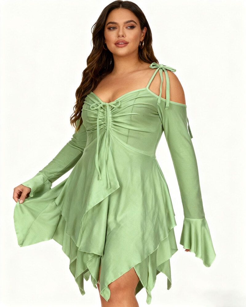 Women's Halloween Plain Ruched Drawstring Cold Shoulder Dress