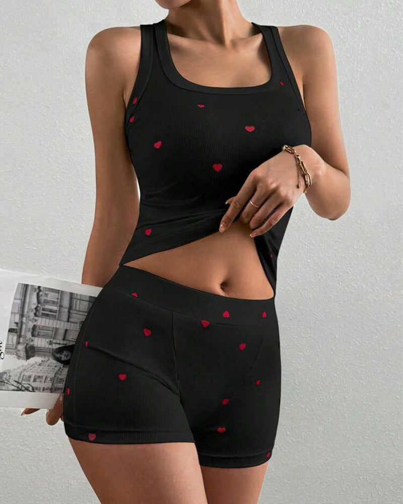 Women's 2 Pieces Pajamas Set Heart Pattern U Neck Sleeveless Tank and Casual Strechy Waist Shorts Set