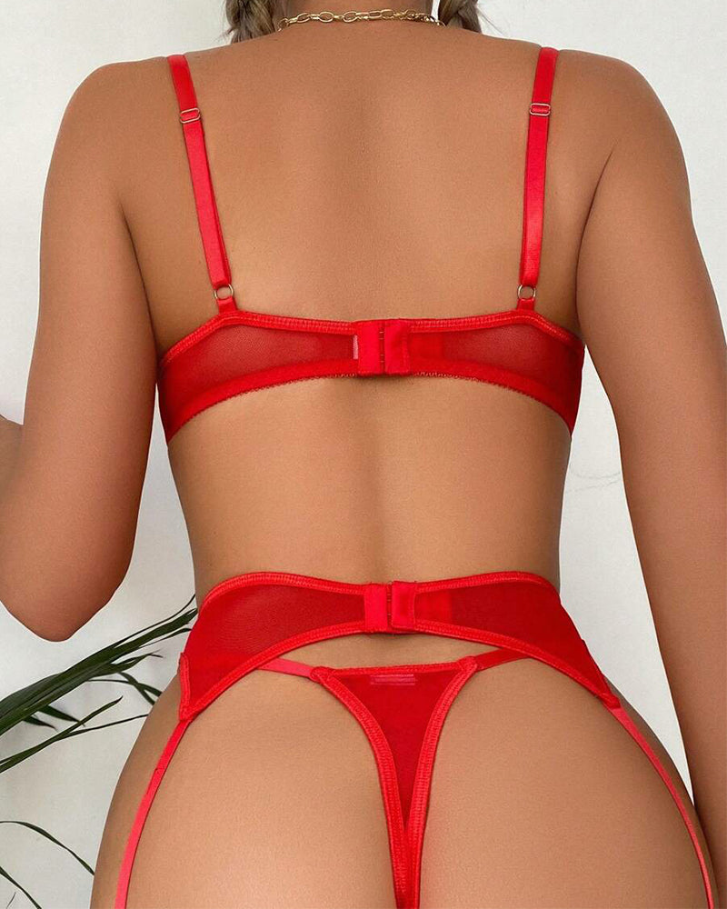 Embroidery Mesh Ring Linked Garter Underwire Lingerie Set