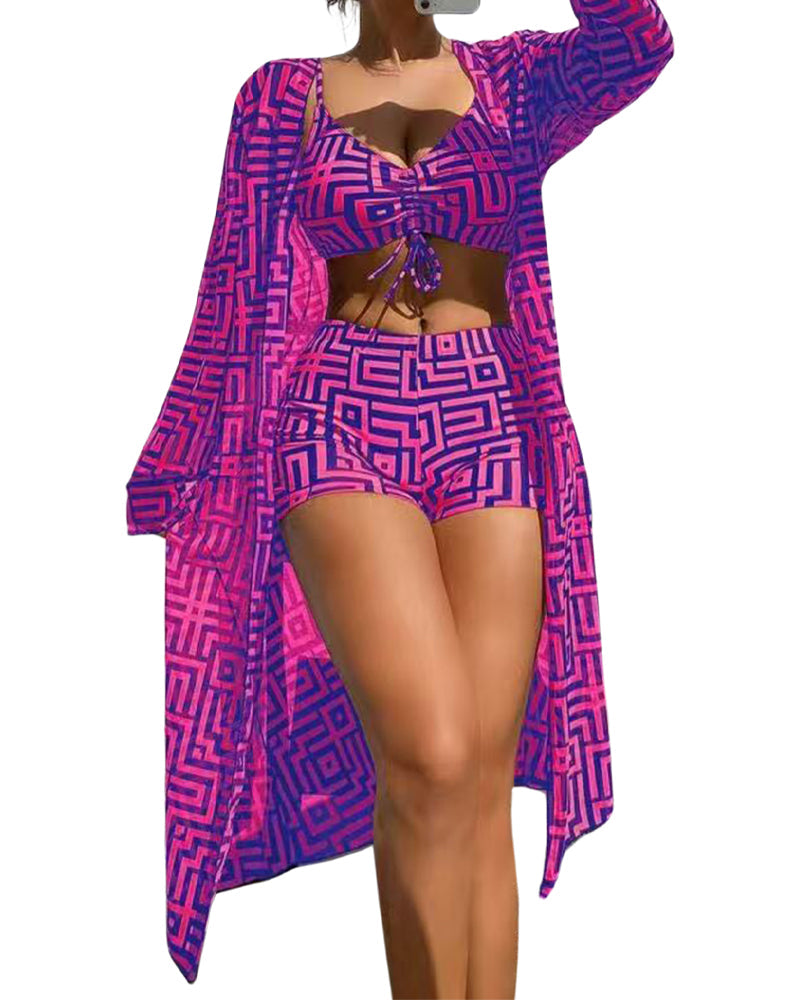 Popular women's two-piece swimsuit cover-up three-piece set gathered beach high waist flat swim trunks